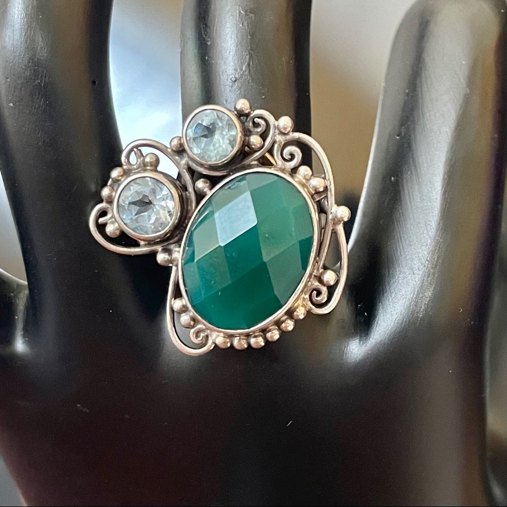 Stamped 925 aventurine, topaz & diamond quartz stmt ring